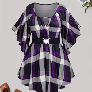 Women's Plaid Print Ruched T-Shirt Top