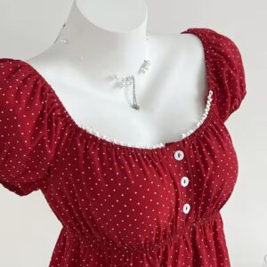 Women's Elegant Red Polka Dot Square Neck Top