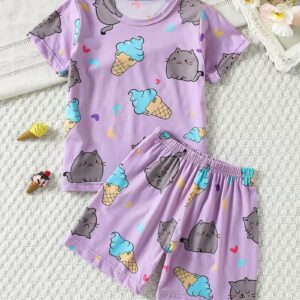 Girls' 2-Piece Ice Cream & Heart Cat Pajama Set